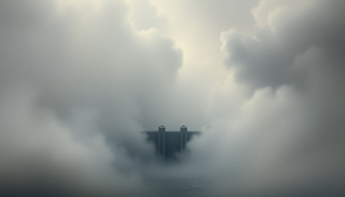 A vast, atmospheric landscape painting depicting the Cheboygan Lock and Dam Complex partially obscured by heavy fog, conveying the overwhelming scale and power of the natural environment during a potential flooding event.