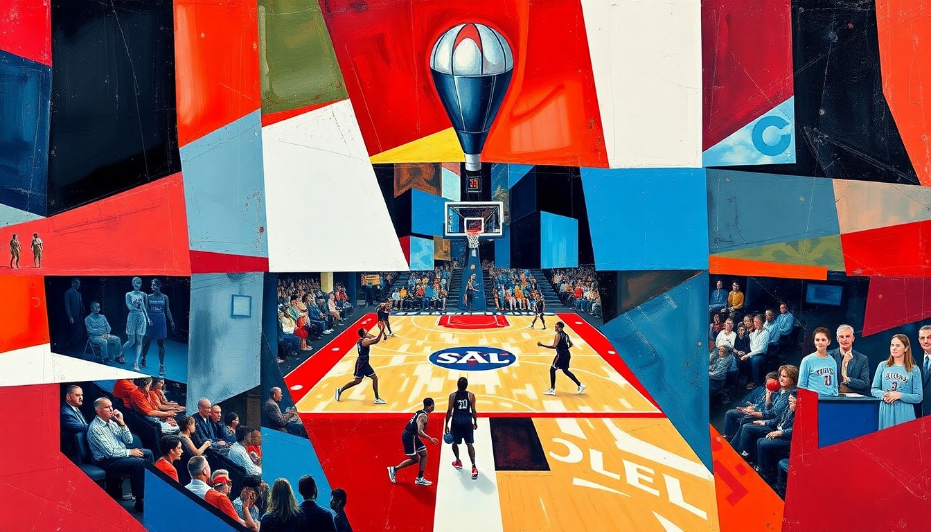 A cubist, geometric painting depicting a basketball game or match, with sharp, overlapping planes of red, white, and blue colors representing the Atlanta Dream's team colors.