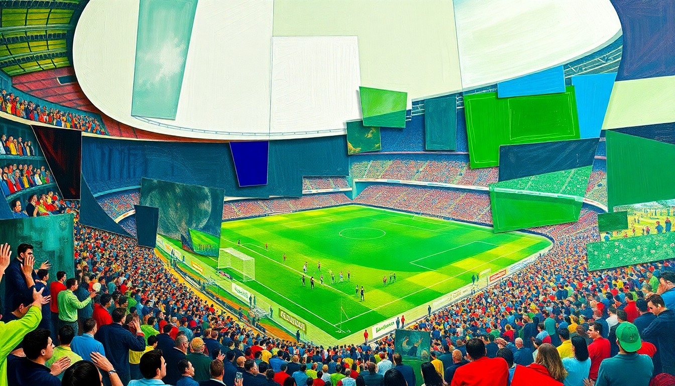 A cubist-style painting depicting a fragmented, multi-angled view of a crowded soccer stadium, with the geometric shapes and overlapping planes representing the complex coordination required to manage security, crowds, and transportation for the 2026 World Cup in Seattle.