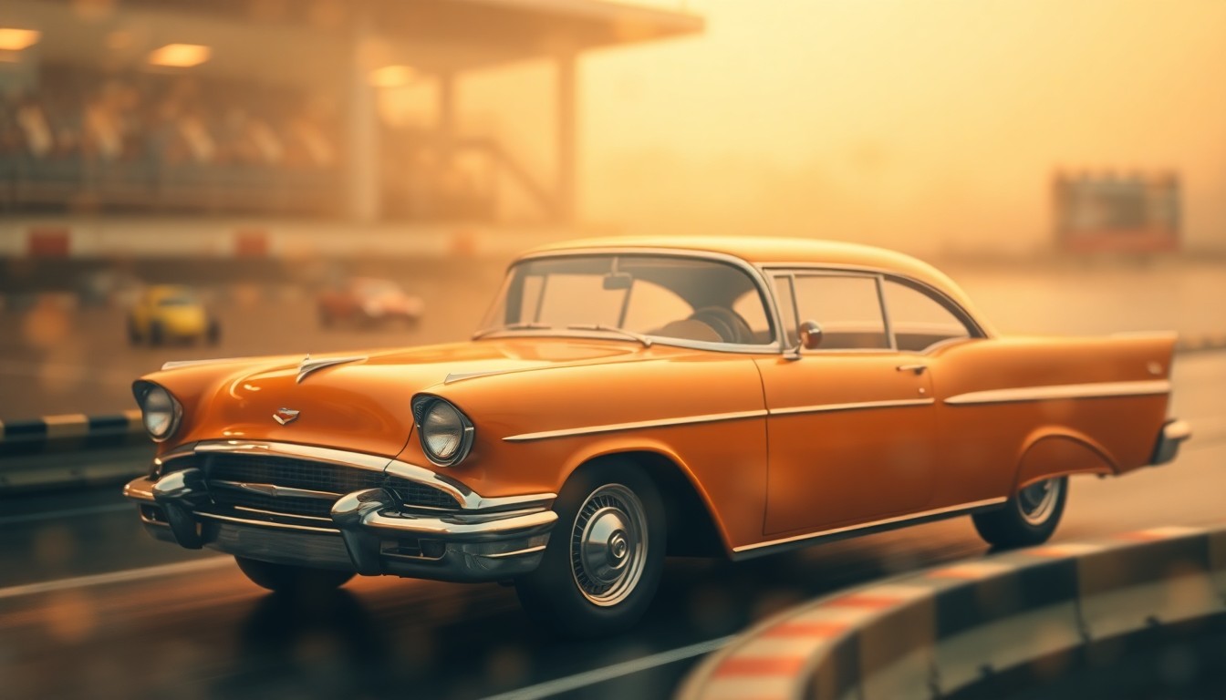 An extremely blurred, impressionistic photograph showing the soft, warm glow of a classic car parked in front of a slot car racing track, conveying a sense of nostalgia and the cherished moments shared within this community.