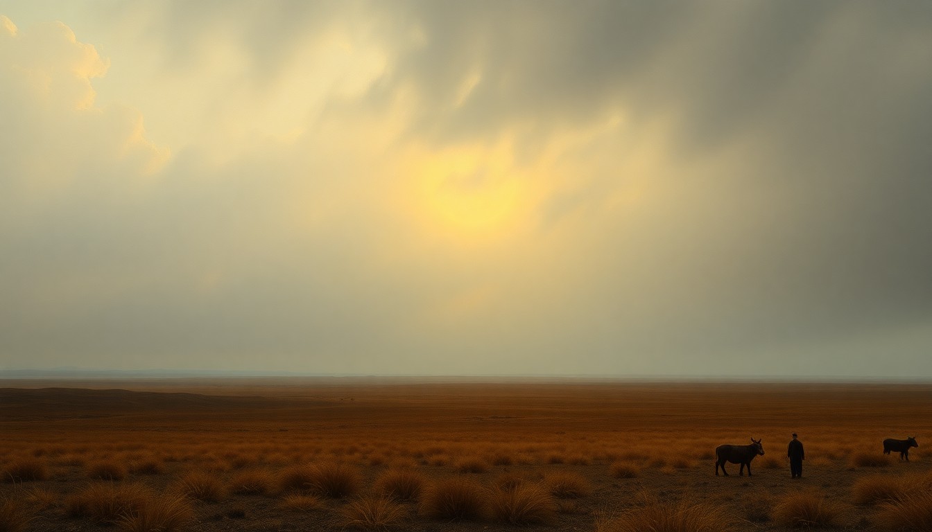 A sweeping, atmospheric landscape painting in muted tones of grey, blue, and yellow, capturing the sublime scale and power of the natural world with no visible human presence.