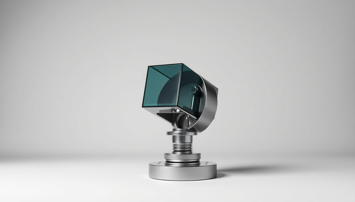 A highly detailed, photorealistic studio photograph of a polished, geometric oil pump jack made of brushed steel, chrome, and glass, floating on a clean, monochromatic grey background with dramatic studio lighting and deep shadows.