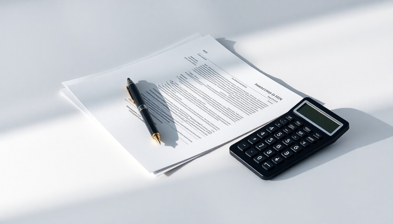 A photorealistic studio still life featuring a stack of financial documents, a pen, and a calculator arranged elegantly on a clean, white background, conceptually representing the abstract concepts of corporate strategy and finance.