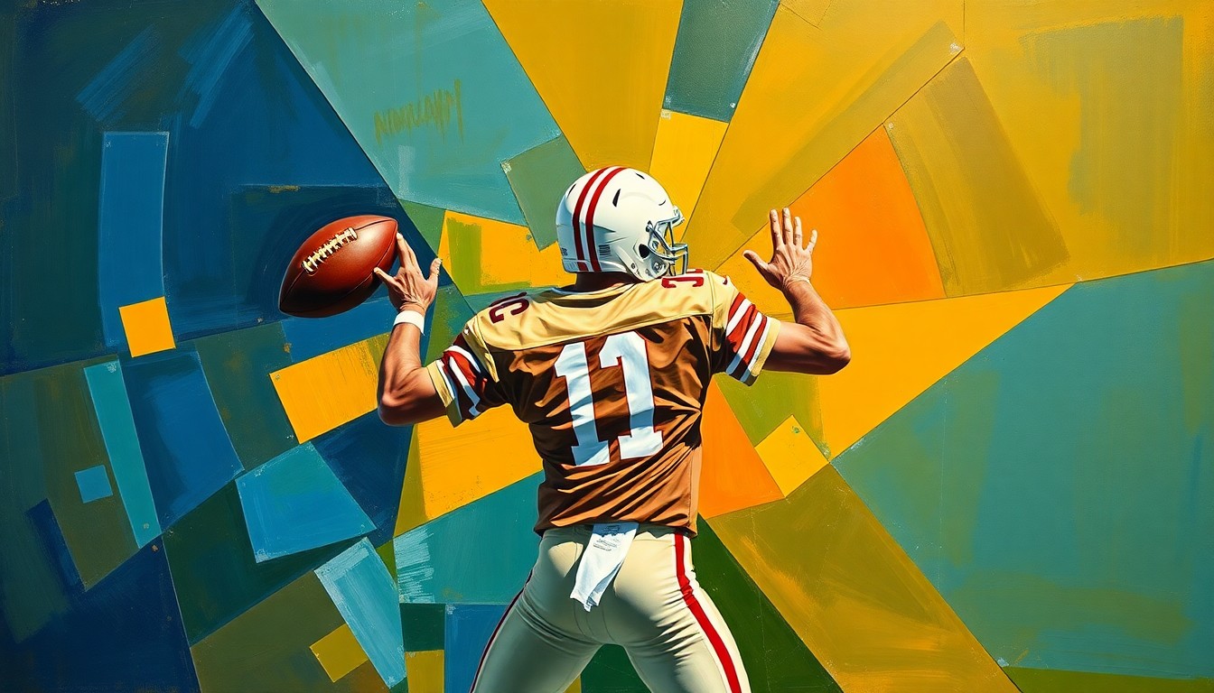 A fractured, multi-perspective painting depicting a quarterback in the act of throwing a football, with the figure and ball broken down into sharp, overlapping geometric shapes in a vibrant color palette.