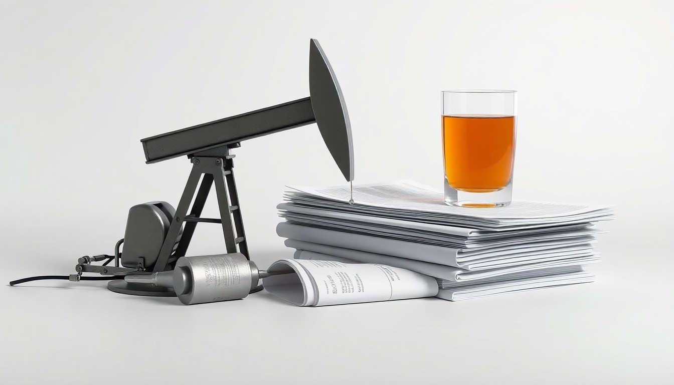 A photorealistic studio still life featuring a polished metal oil pump jack, a stack of financial reports, and a glass of amber-colored liquor, arranged elegantly on a clean, monochromatic background to symbolize the intersection of energy operations, capital markets, and corporate strategy.
