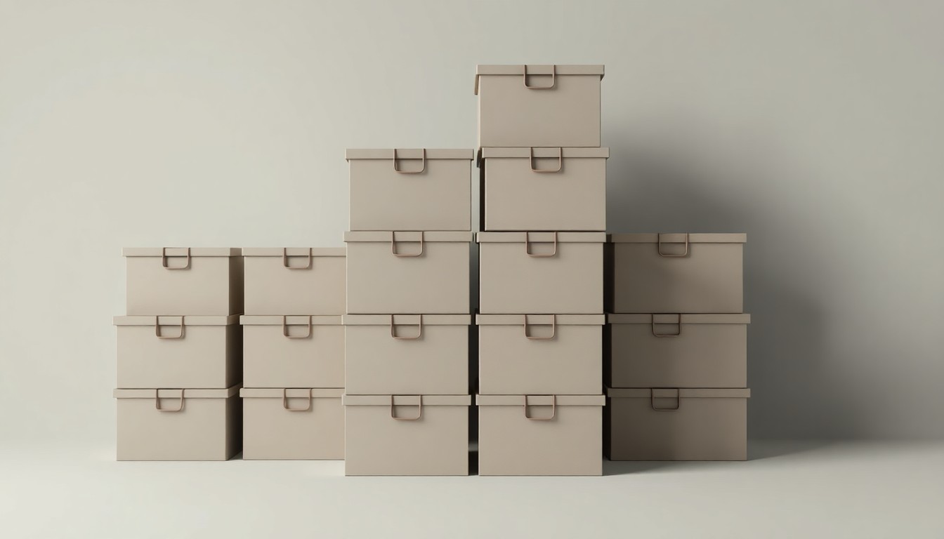 A photorealistic studio still life featuring a stack of neatly organized storage boxes in muted shades of gray and beige, conveying the orderly and functional nature of the self-storage industry.