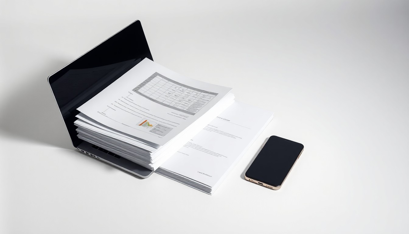 A high-end studio photograph featuring a stack of financial documents, a laptop, and a smartphone arranged elegantly on a clean, white background, conveying the abstract concepts of corporate finance and market performance.