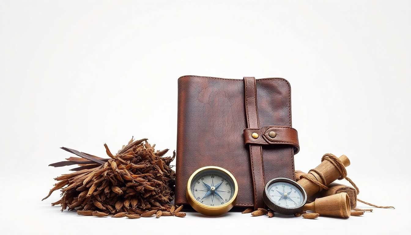 A high-end, photorealistic studio still-life photograph featuring a carefully arranged composition of premium agricultural tools and materials, such as a weathered leather-bound ledger, a brass compass, and a bundle of dried tobacco leaves, all set against a clean, monochromatic background, conceptually representing Pyxus' commitment to sustainable, traceable, and responsibly sourced agricultural practices.