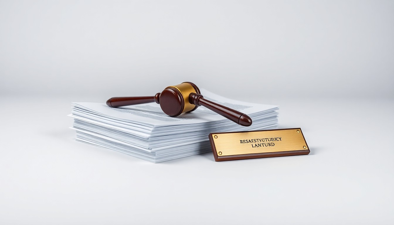 A minimalist studio still life photograph featuring a stack of legal documents, a gavel, and a brass nameplate arranged on a clean, monochromatic background, symbolizing the legal and financial aspects of corporate restructuring.