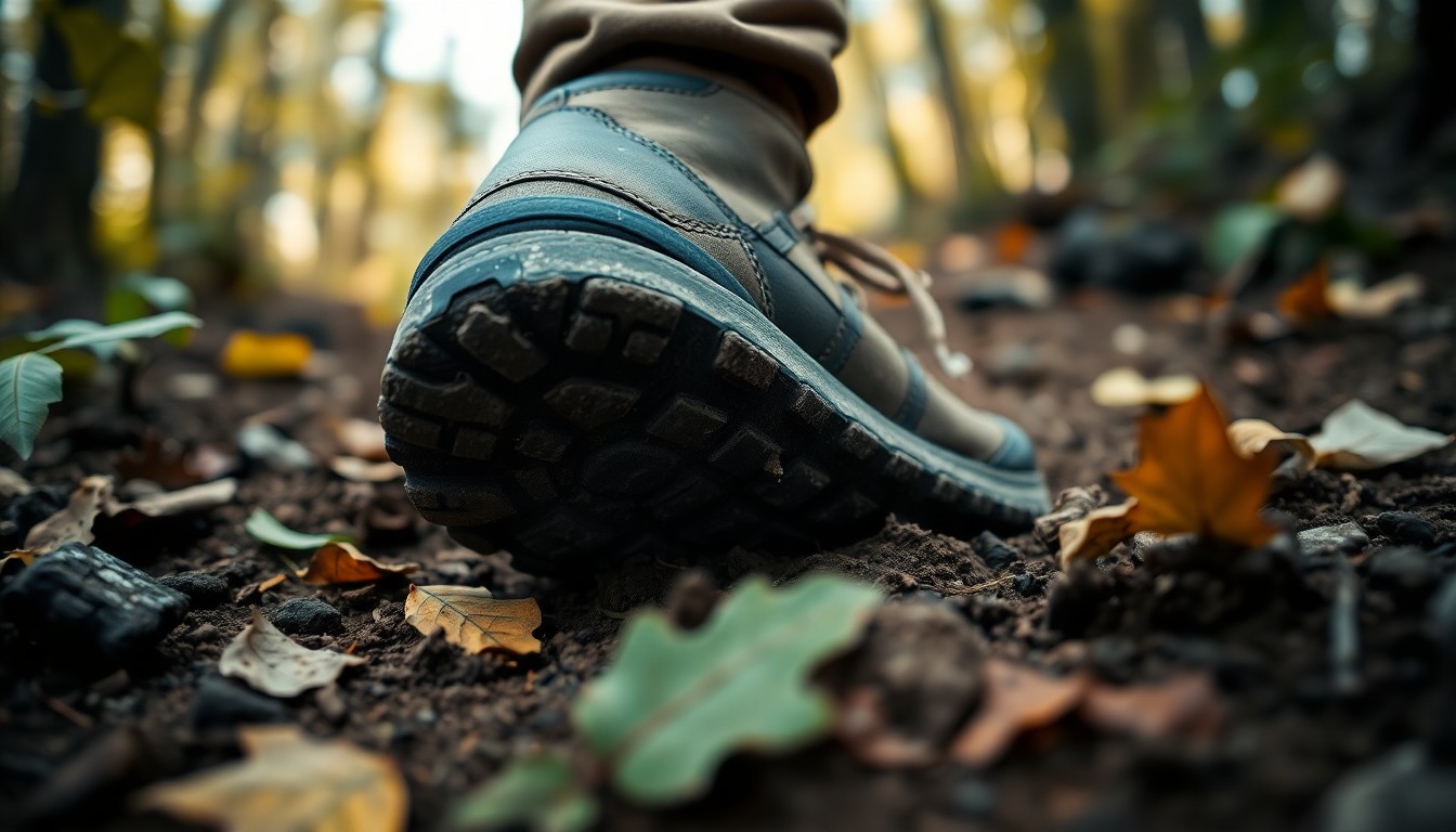 An extreme close-up photograph of a worn hiking boot sole partially covered in dirt and fallen leaves, conceptually representing the search for a missing person in a remote wilderness area.
