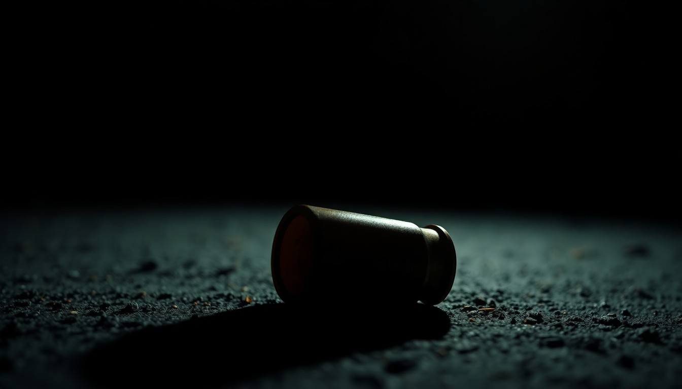 An extreme close-up photograph of a spent shell casing on the ground, capturing the stark, gritty details of the crime scene in dramatic fashion.