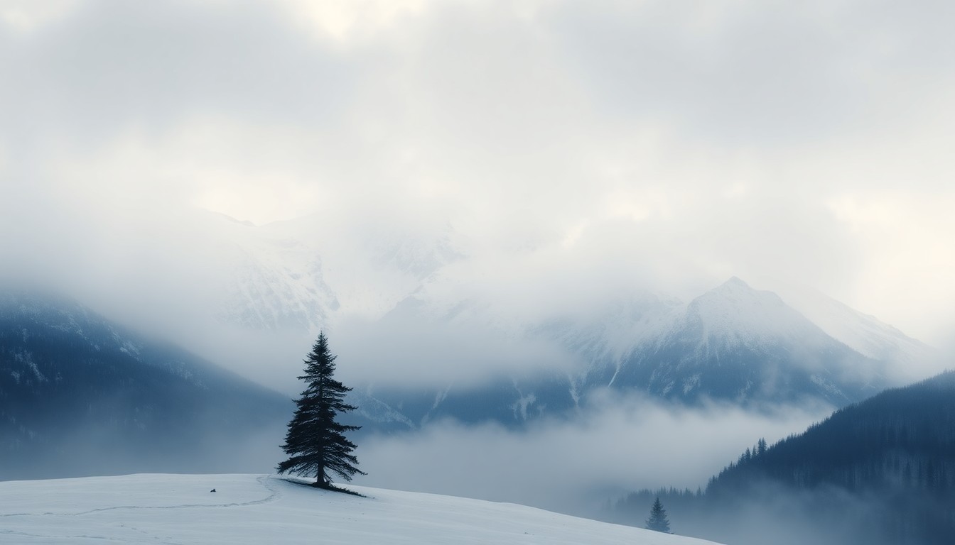 A sweeping, majestic landscape painting depicting a snow-covered mountain range shrouded in heavy fog and mist, with a lone pine tree in the foreground silhouetted against the atmospheric conditions, conveying the overwhelming scale and power of the approaching winter weather system.