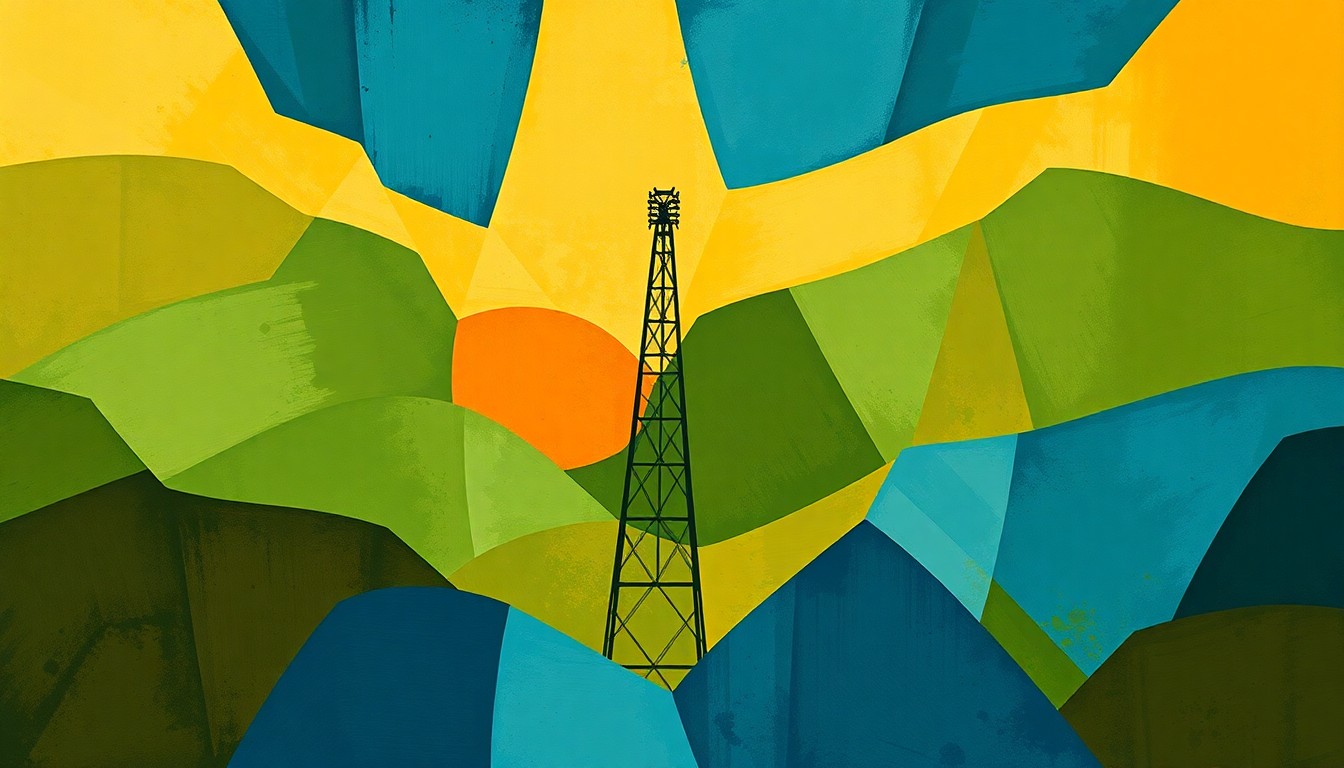 A fractured, abstract painting depicting the silhouette of an oil derrick or wind turbine in overlapping geometric shapes and waves of earthy green, ochre, and deep blue, conveying the dynamic tension between traditional and renewable energy sources in New Mexico.