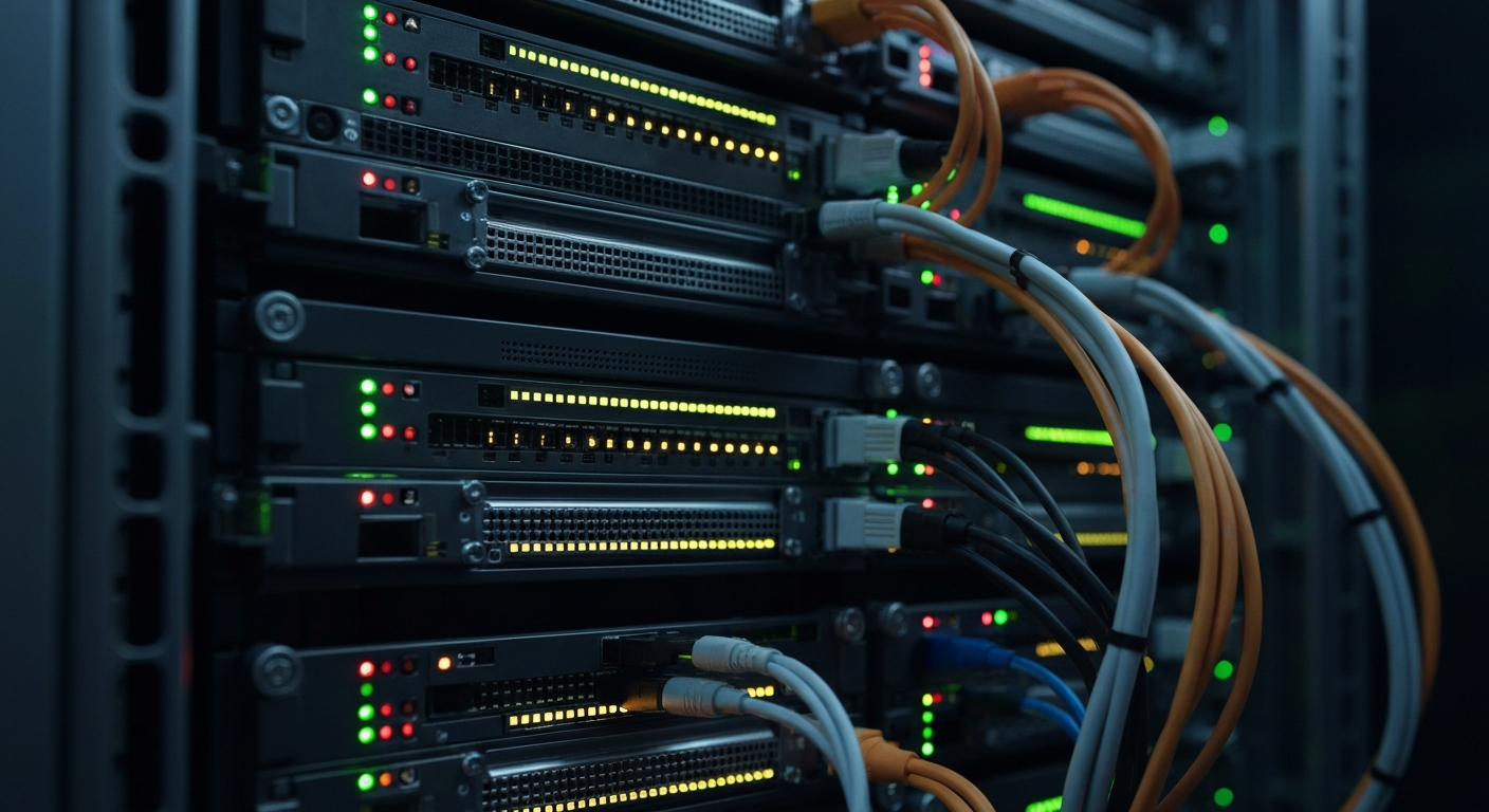 An extreme close-up of intricate data server hardware, cables, and blinking lights, conveying the technical complexity of modern enterprise data security without any text or identifiable elements.