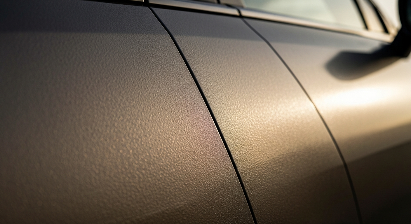 A dramatic close-up photograph showcasing the intricate, pebbled texture of the 2027 Kia EV3's exterior body panel, conveying a sense of premium craftsmanship and attention to detail.