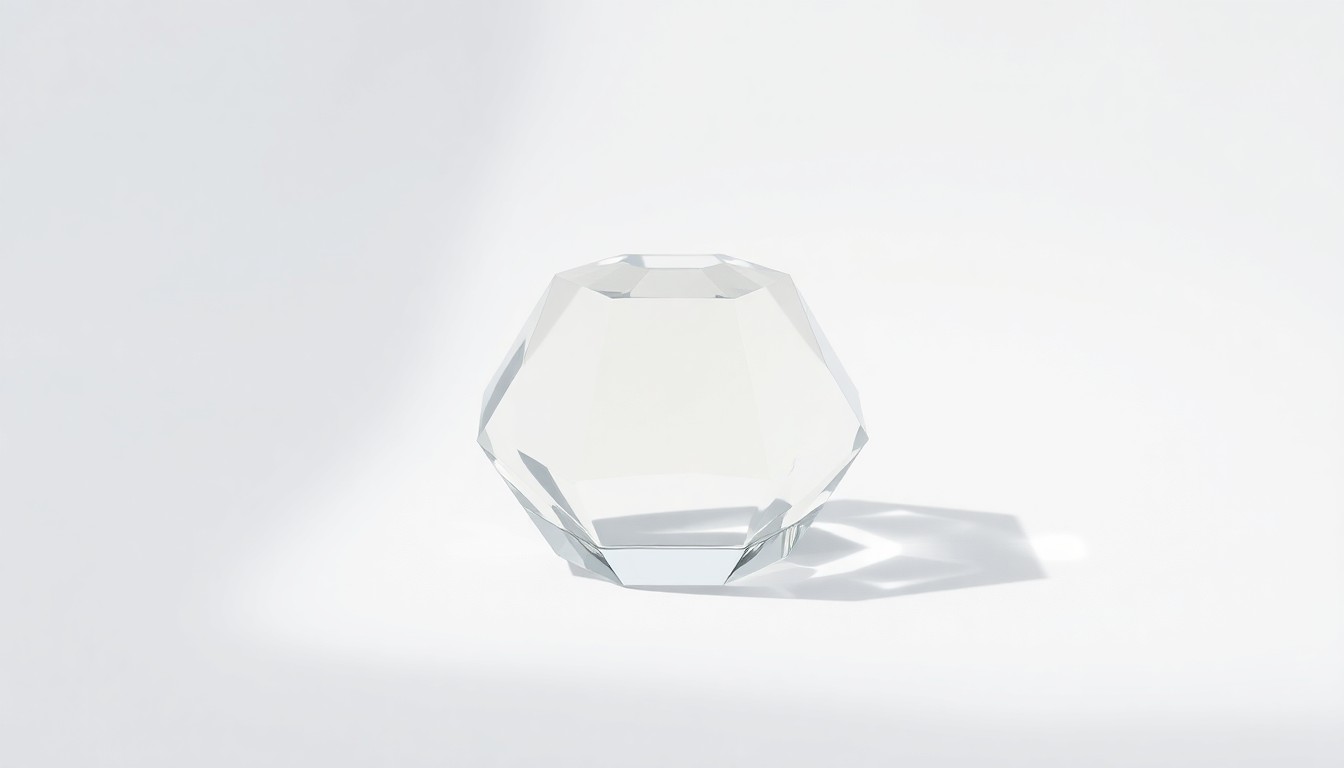 A highly reflective, geometric glass sculpture resting on a clean white background, casting dramatic shadows and representing the financial transparency and strategic vision of a major real estate company.