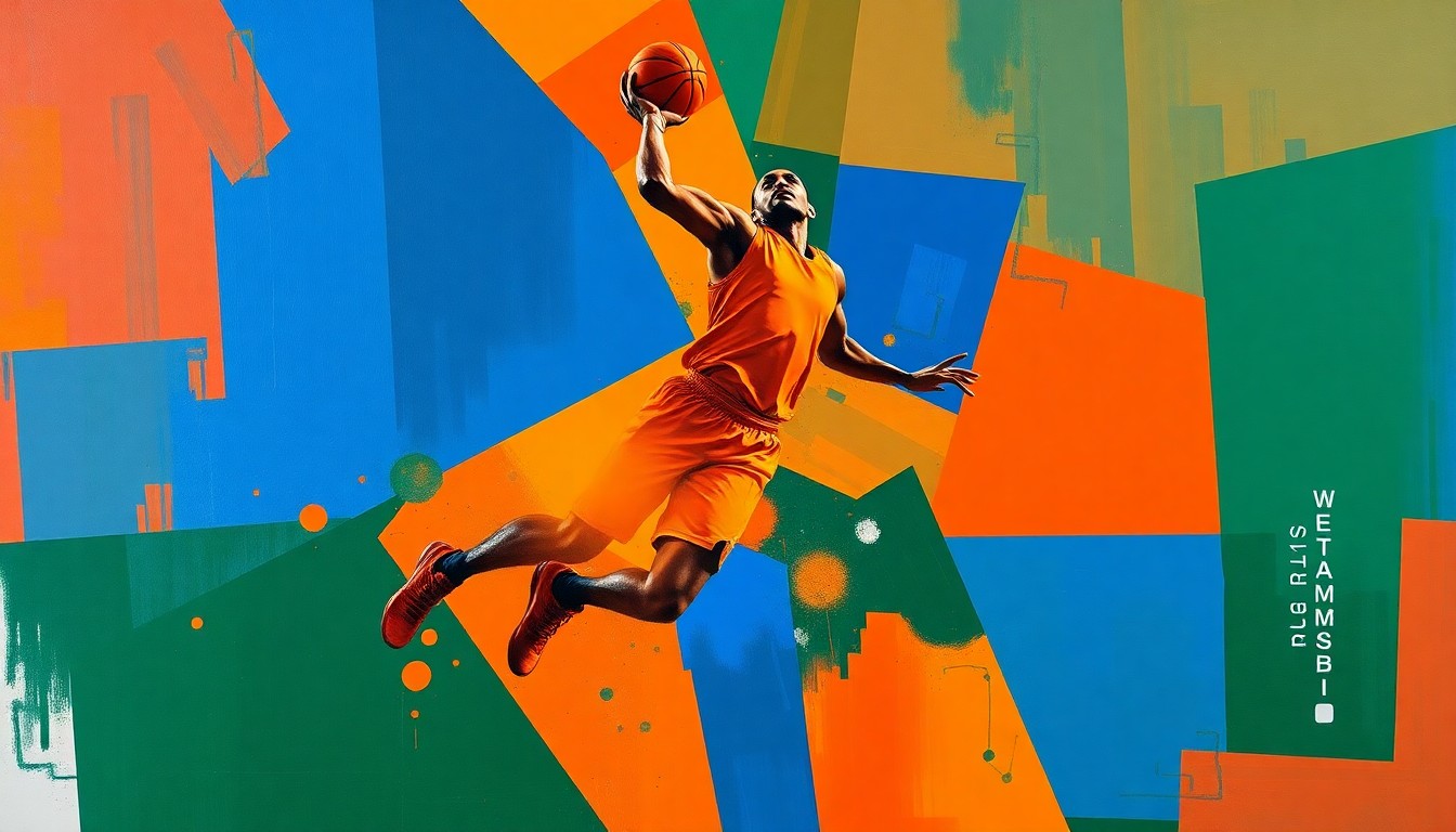 A cubist, geometric painting depicting the silhouette of a basketball player in motion, broken down into sharp, overlapping planes of color representing the dynamic energy of the sport.