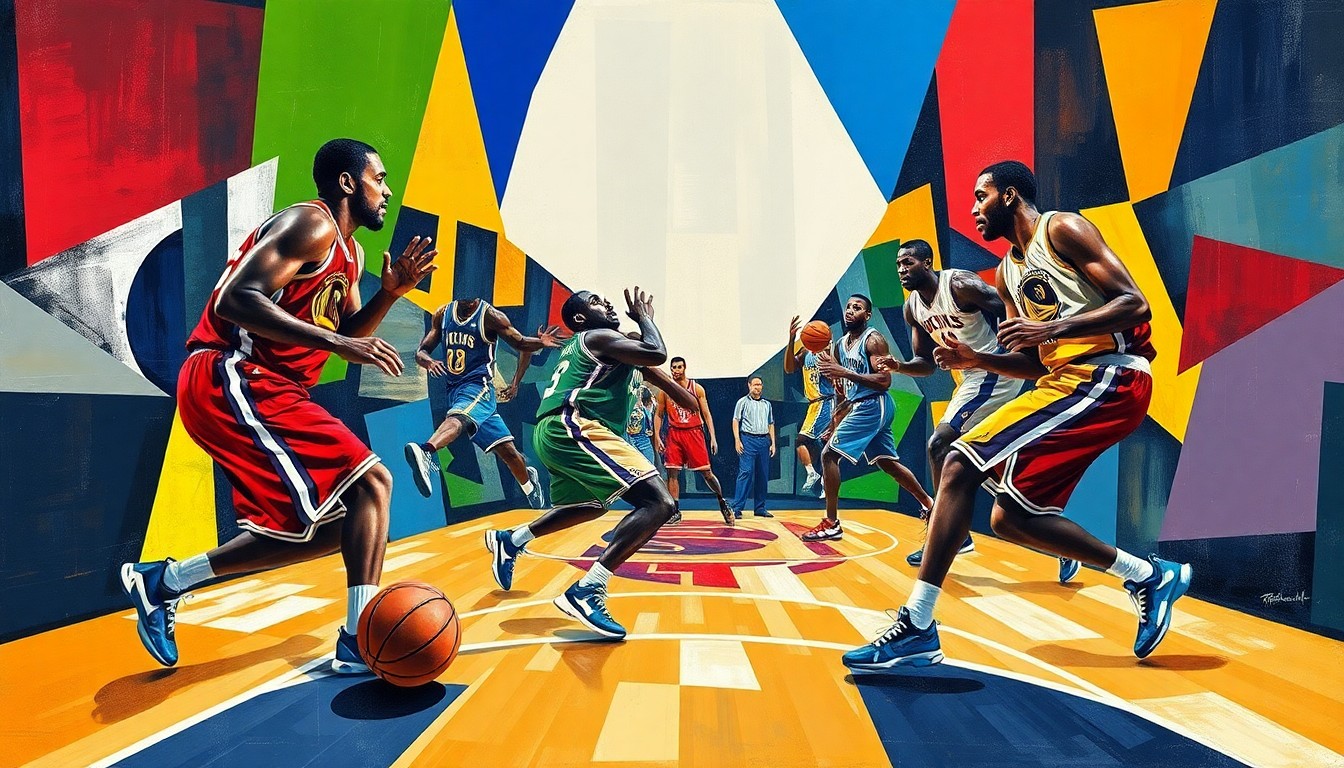 A cubist, geometric painting depicting an abstract basketball game, with the players' figures broken down into overlapping shapes and planes in the team's official colors.