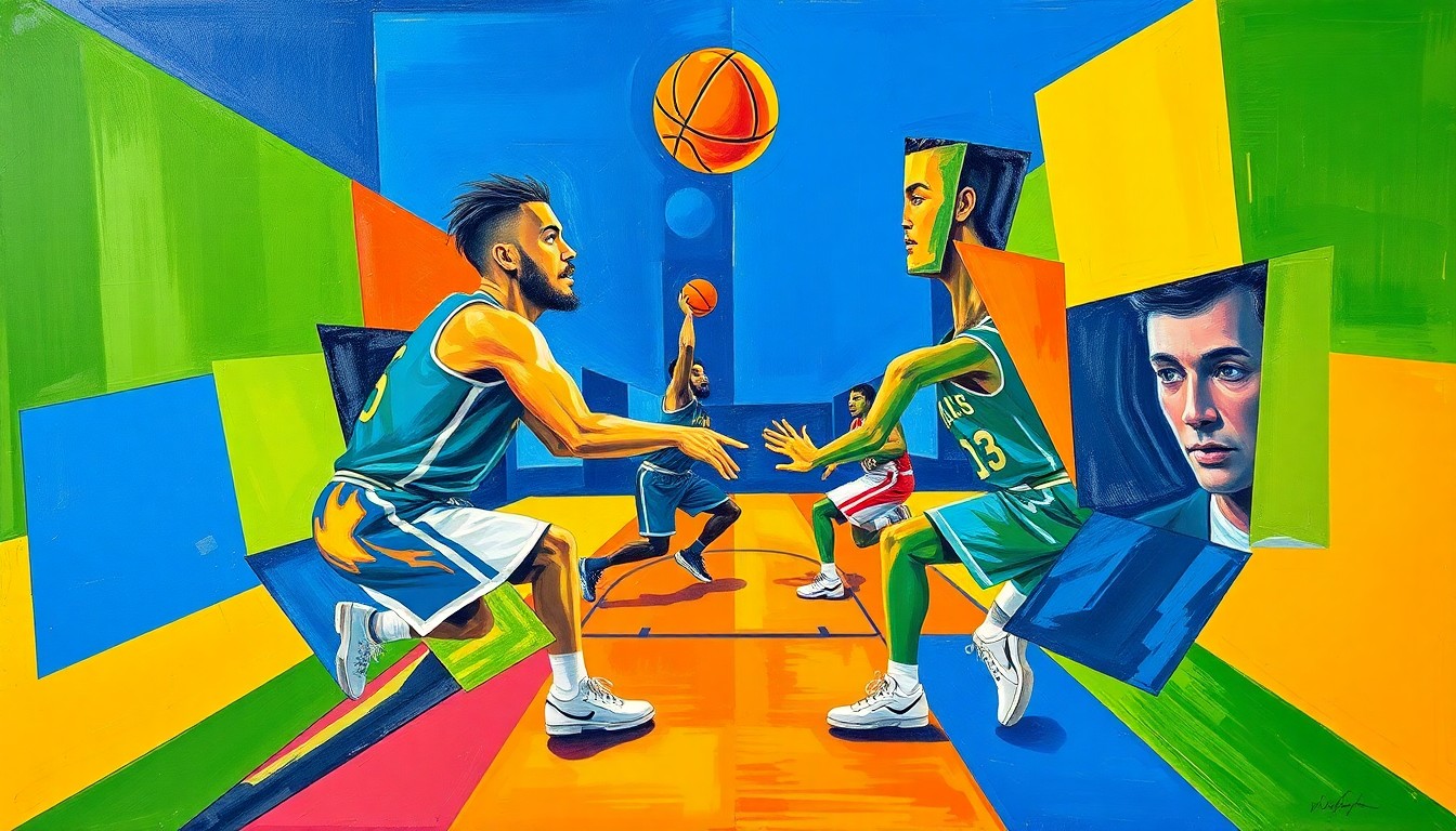 A cubist-style painting depicting two basketball players in a dynamic, fragmented composition of geometric shapes and vibrant colors, capturing the energy and excitement of their reunion on the court.