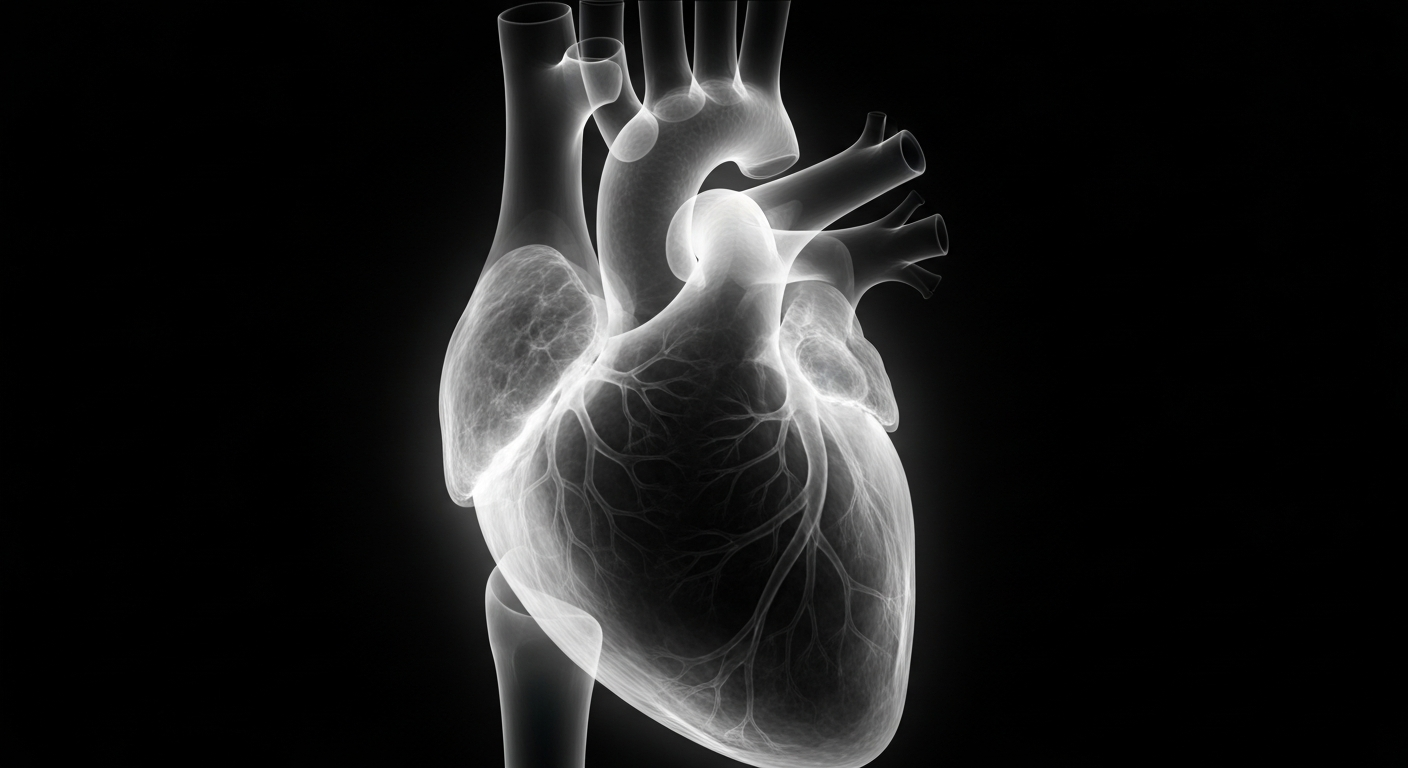 A ghostly, translucent X-ray photograph revealing the intricate internal structure of a human heart, glowing against a dark background. The heart represents the vital organ affected by sickle cell disease, with the translucent quality symbolizing the invisible nature of this chronic illness.