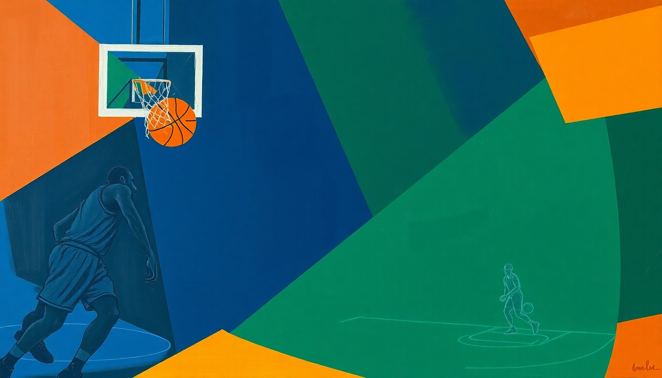 A cubist-style painting featuring overlapping geometric shapes and planes in navy, green, and orange hues, conceptually representing the multifaceted skills and impact of basketball player Rori Harmon.