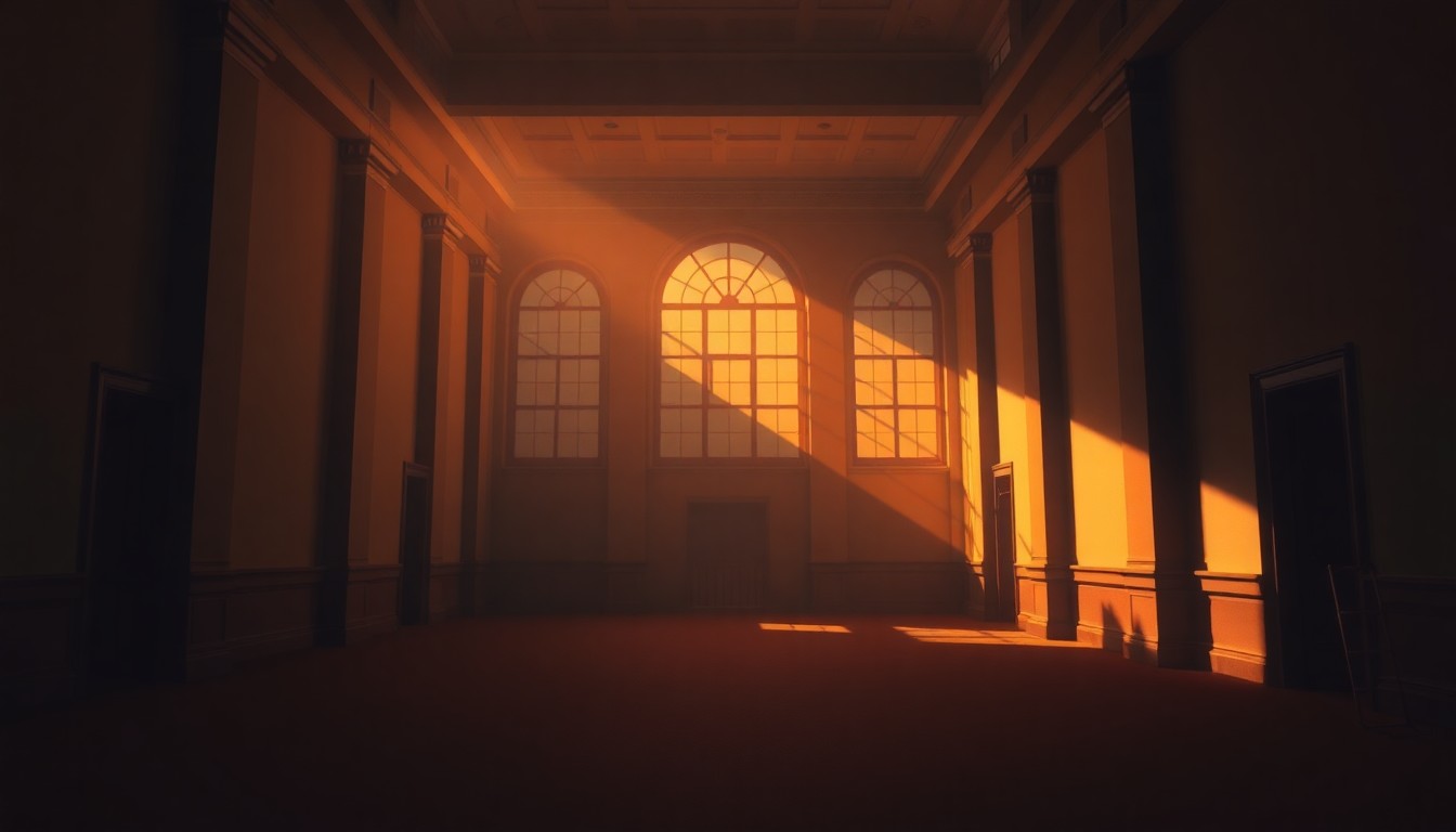 A serene, photorealistic painting of a dimly lit government office or hallway, with warm sunlight streaming in through a window and casting long shadows across the floor, evoking a sense of contemplation and the need for reform.