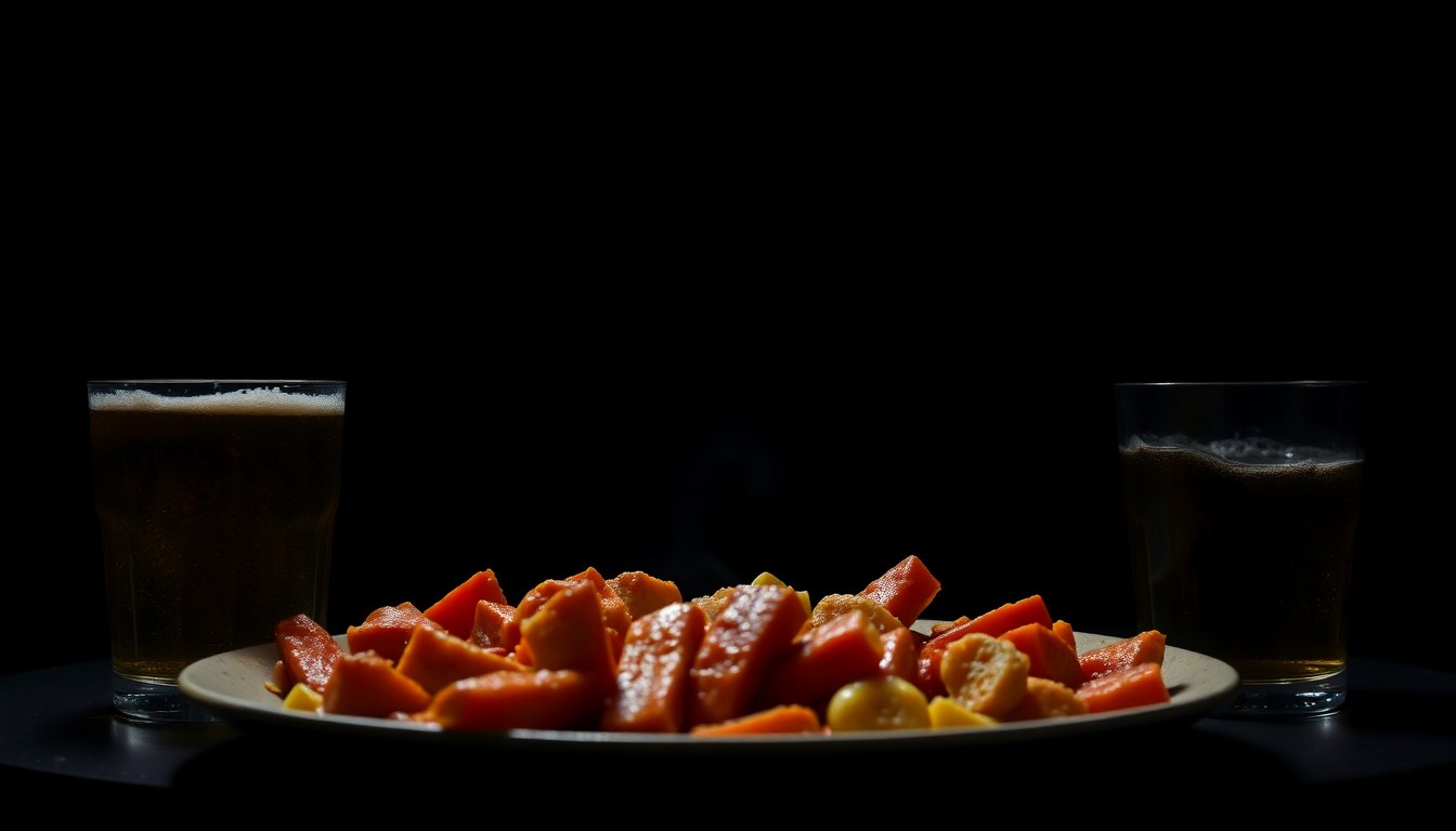 An extreme close-up of a half-eaten plate of fajitas and empty beer glasses, conceptually illustrating the aftermath of a dine-and-dash incident at a restaurant.