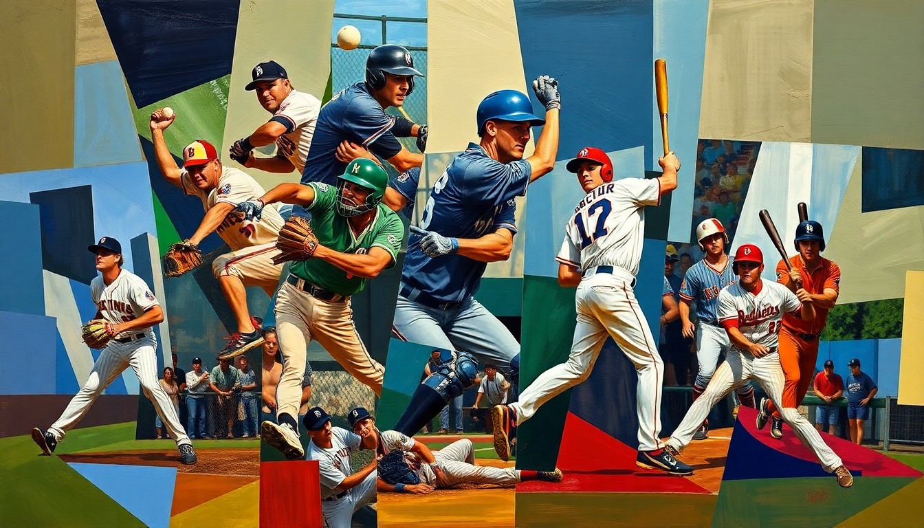 A fragmented, geometric painting depicting various baseball players, equipment, and game actions in a vibrant, abstract style that captures the energy and potential of the Athletics' minor league system.