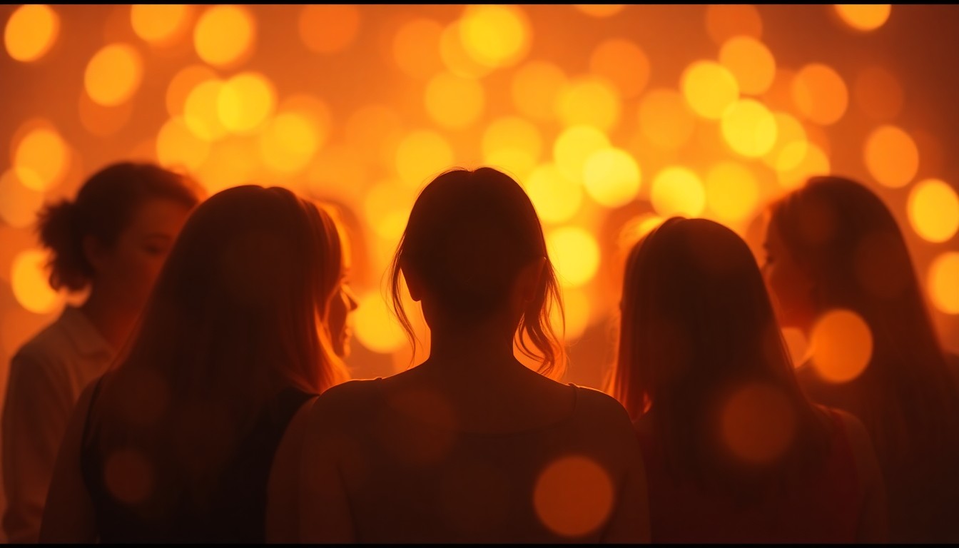An abstract, out-of-focus photograph depicting a group of women gathered in a circle, their faces obscured by soft, warm pools of light and color, conveying a sense of intimacy and shared experience.