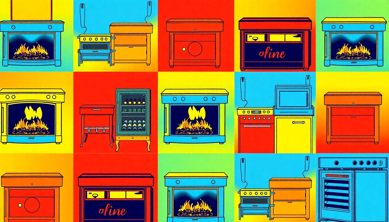 A brightly colored, high-contrast silkscreen print of a single, iconic luxury home object such as a fireplace, wine refrigerator, or outdoor kitchen appliance, repeated in a tight grid pattern, conceptually representing the designer finishes and amenities of an exclusive personal residence.