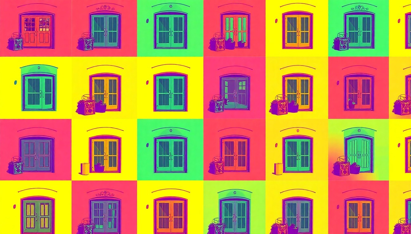 A high-contrast silkscreen print in neon colors depicting a repeating pattern of a luxury home's front door, pool, or kitchen appliance, conveying the modern sophistication and exclusivity of this Frisco property.