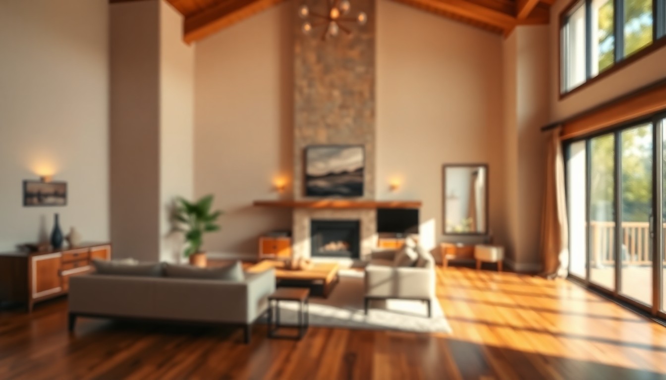A softly blurred, out-of-focus photograph in warm, earthy tones depicting an elegant, modern living room with wood floors, high ceilings, and a cozy fireplace, conceptually representing the luxurious and inviting atmosphere of the Plano property.