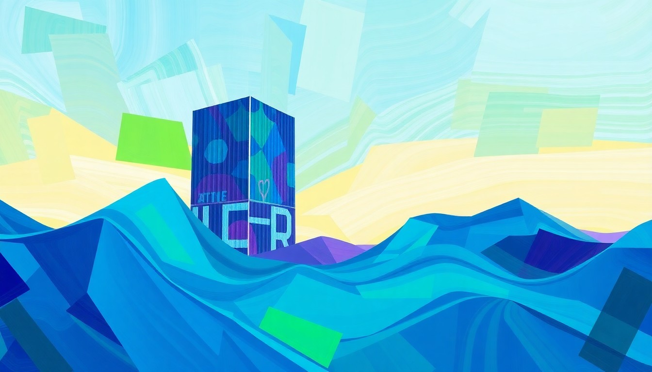 A dynamic, abstract painting featuring a fragmented, geometric data center tower in the foreground, with overlapping waves of vibrant blue, green, and purple colors representing the speed and disruption of the political battle over the project.
