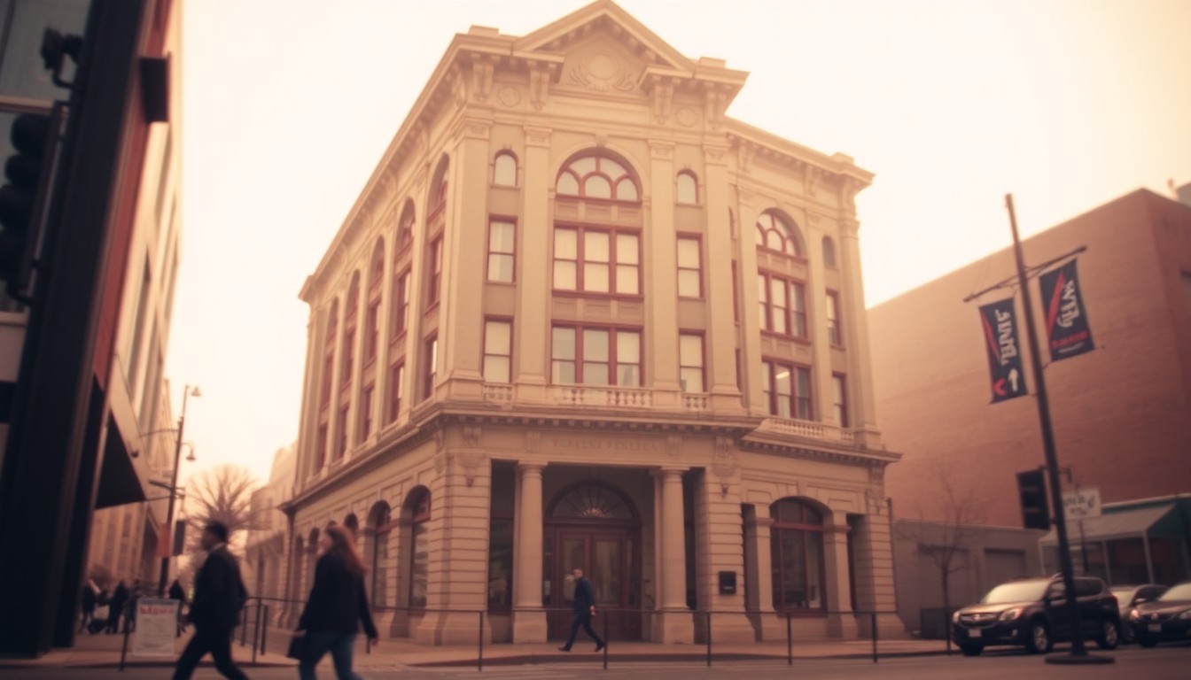 A blurred, impressionistic photograph showing the facade of an old brick building in downtown Tulsa, with the faint outlines of people walking by, conveying the importance of historic preservation for a community's character.