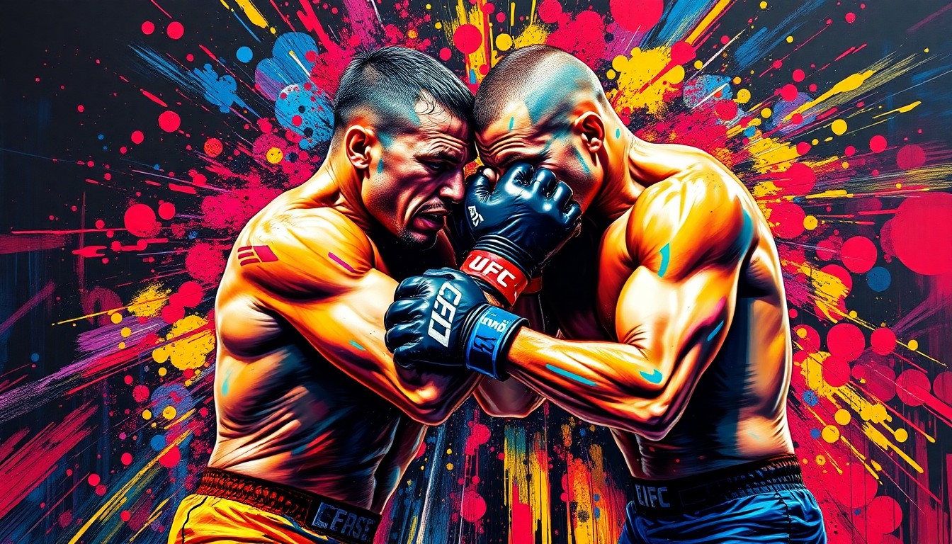 An abstract, expressionist painting featuring dynamic brushstrokes and neon colors that capture the raw energy and movement of two UFC fighters grappling, their identities obscured in the vibrant, chaotic composition.