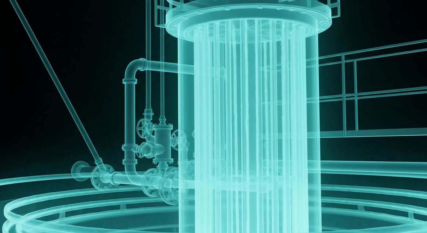A ghostly, translucent X-ray photograph revealing the intricate internal structures of a water treatment plant filter, conveying the complexity of the water system and the challenges posed by supply chain issues.