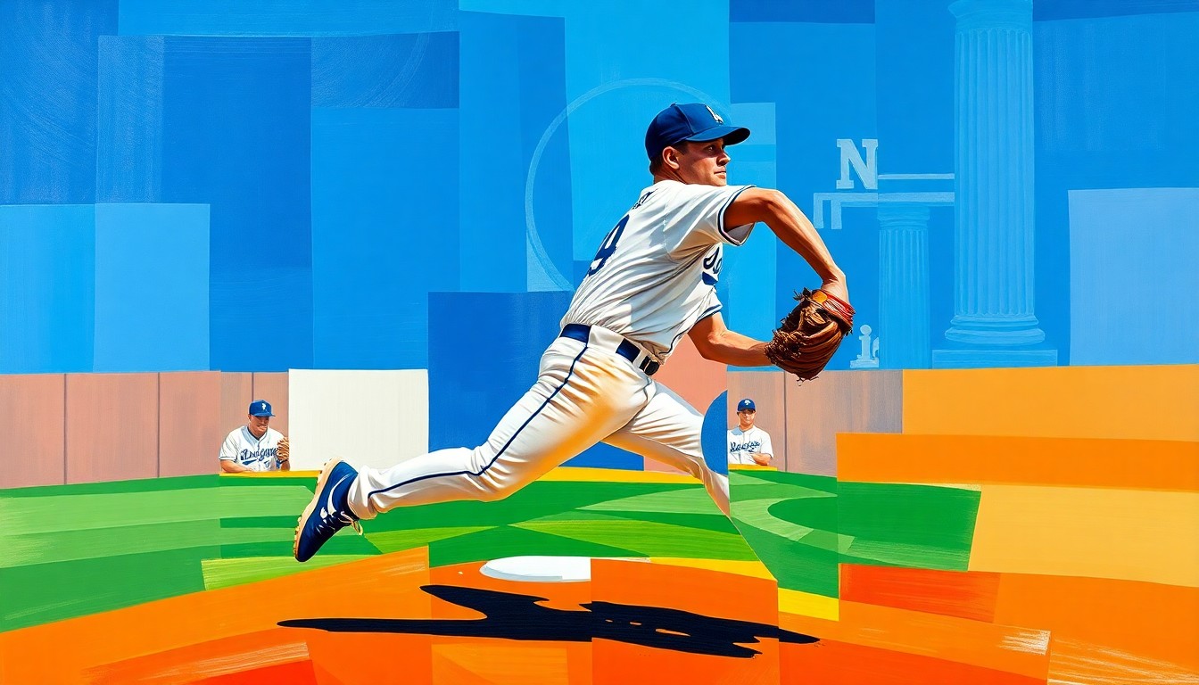 A fragmented, geometric painting depicting a baseball pitcher's motion from multiple angles, with sharp planes of Dodger blue and Mets orange creating a dynamic, abstract composition.