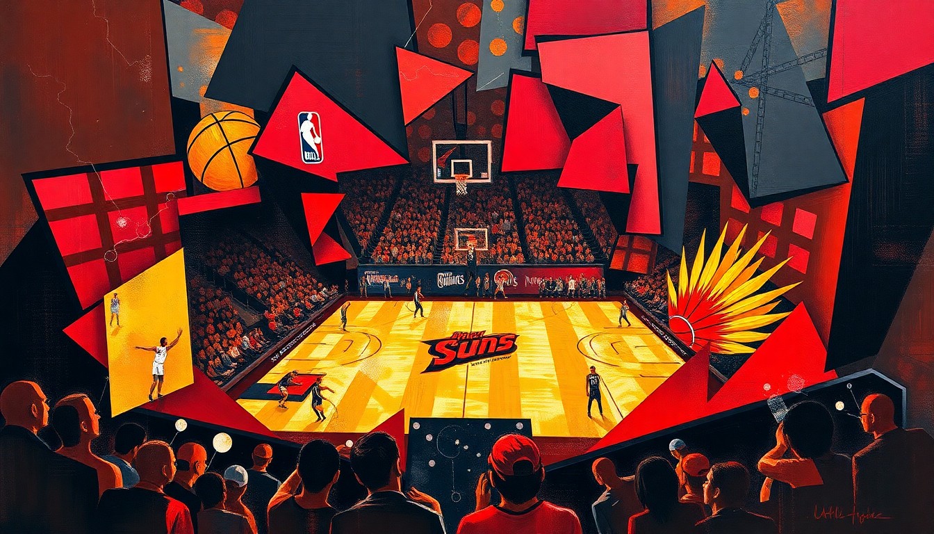 A fractured, geometric painting depicting a basketball game, with sharp planes of red, black, and gold representing the competitive energy of the Blazers-Suns contest.