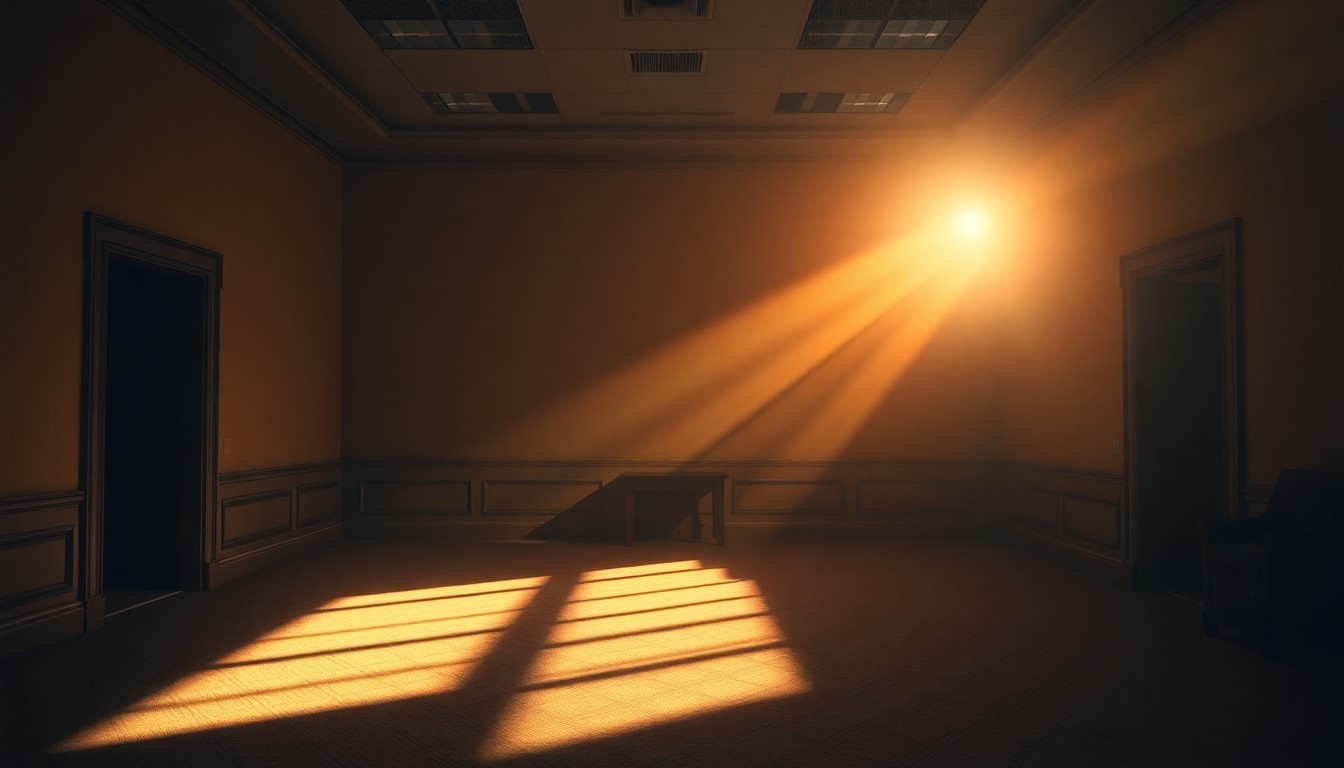 A dimly lit, cinematic painting of an empty government office space, with warm sunlight streaming through the windows and deep shadows across the floor, conveying a sense of quiet contemplation and political transition.