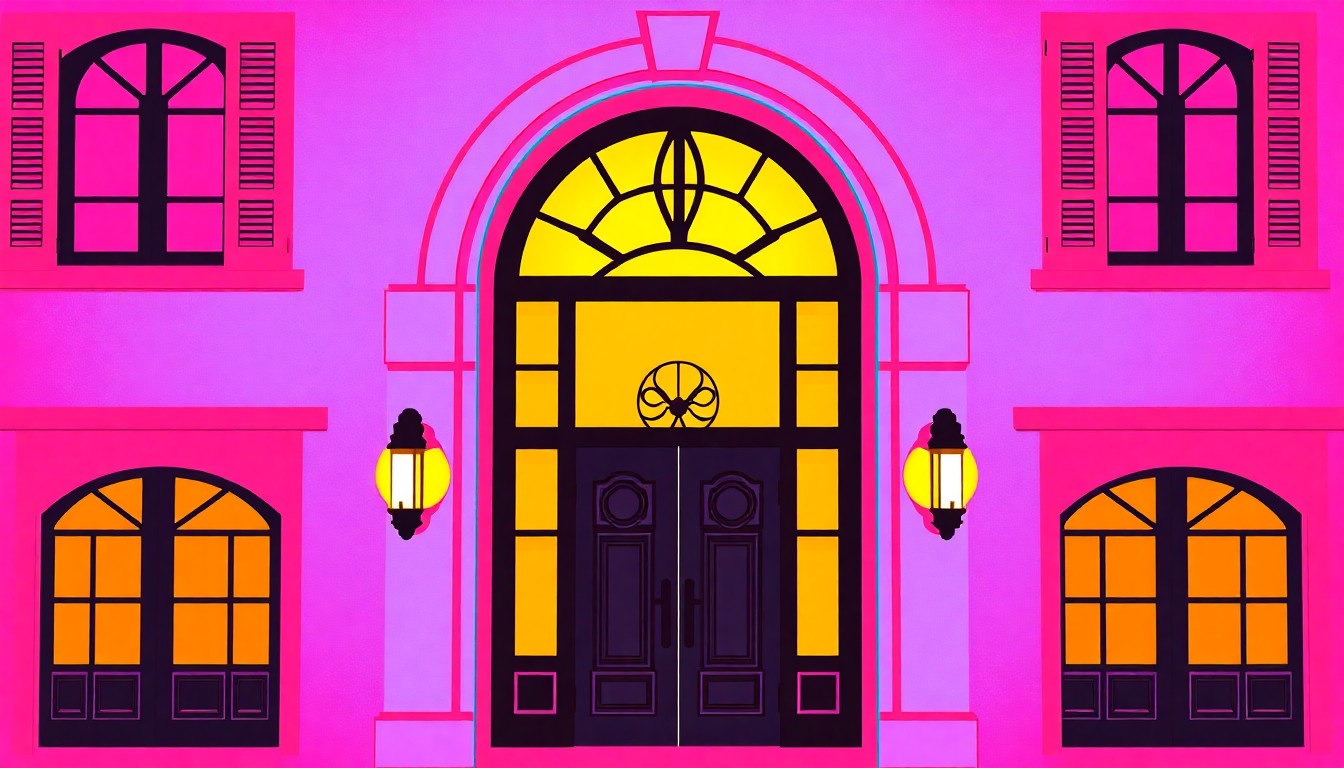 A brightly colored, high-contrast silkscreen-style illustration featuring a repeating pattern of a single, iconic luxury home exterior detail in vibrant neon hues, conceptually representing the contemporary design and amenities of a premium Florida property.