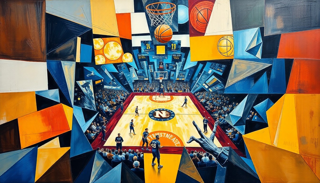 A fragmented, geometric painting depicting a basketball game, with sharp planes of color and shape representing the action on the court, conveying the strategic preparations for the playoff matchup.