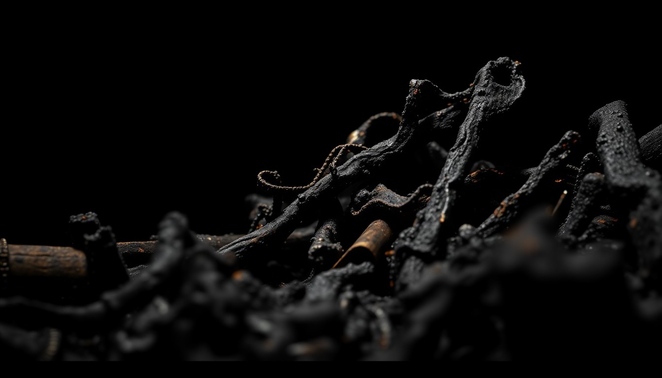An extreme close-up photograph of charred, twisted metal debris from a house fire, conveying a stark, gritty, investigative aesthetic through the use of harsh, direct lighting.