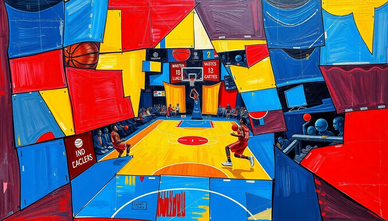 A cubist, geometric painting depicting a fragmented basketball game, with overlapping planes of vivid blue, red, and yellow hues conveying the dynamic energy of the sport.