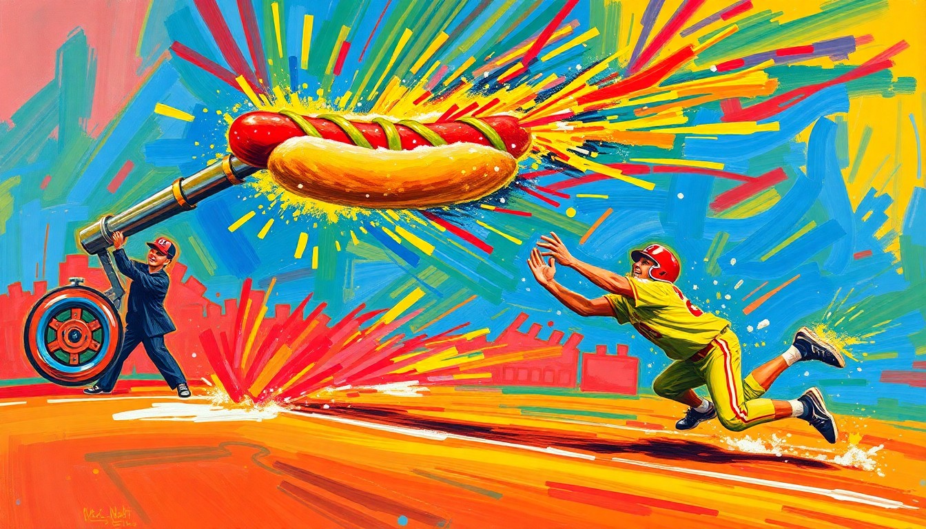 An abstract, expressionist painting using vibrant neon colors and energetic brushstrokes to depict a baseball player diving to catch a hot dog that has been launched from a cannon, conceptually representing the comical mishap of a failed in-game promotion.