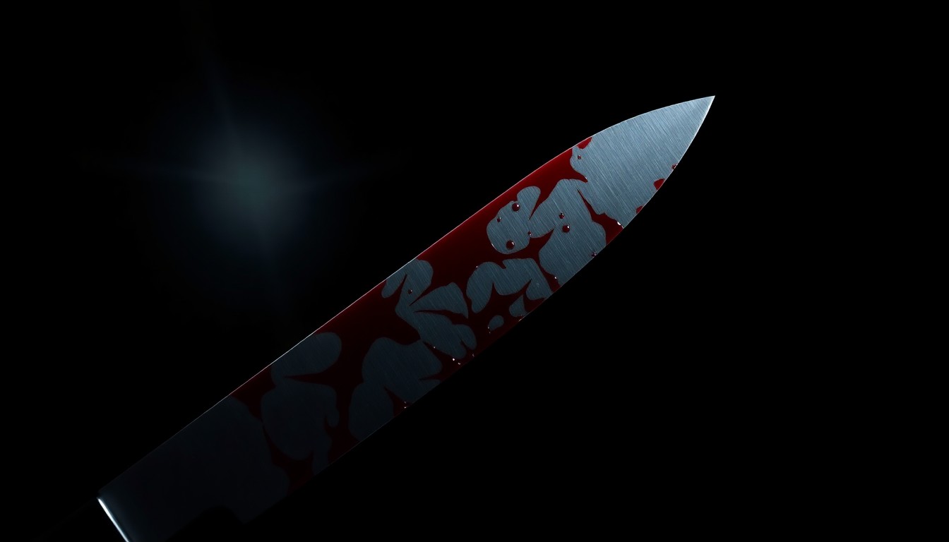 An extreme close-up of a bloodied knife blade, capturing the gritty, investigative nature of this crime through dramatic lighting and a stark, black background.