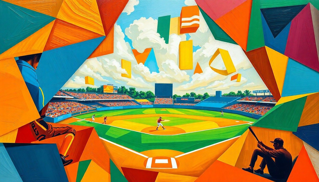 A fragmented, geometric painting in bold colors depicting the motion and energy of a high school sports game, with players and field elements broken down into overlapping angular shapes.