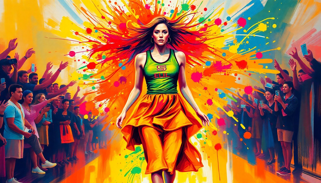 An abstract, expressionist painting in neon colors depicting the graceful, energetic movements of a basketball player walking down a red carpet, with their dress and hair blending into the vibrant brushstrokes.