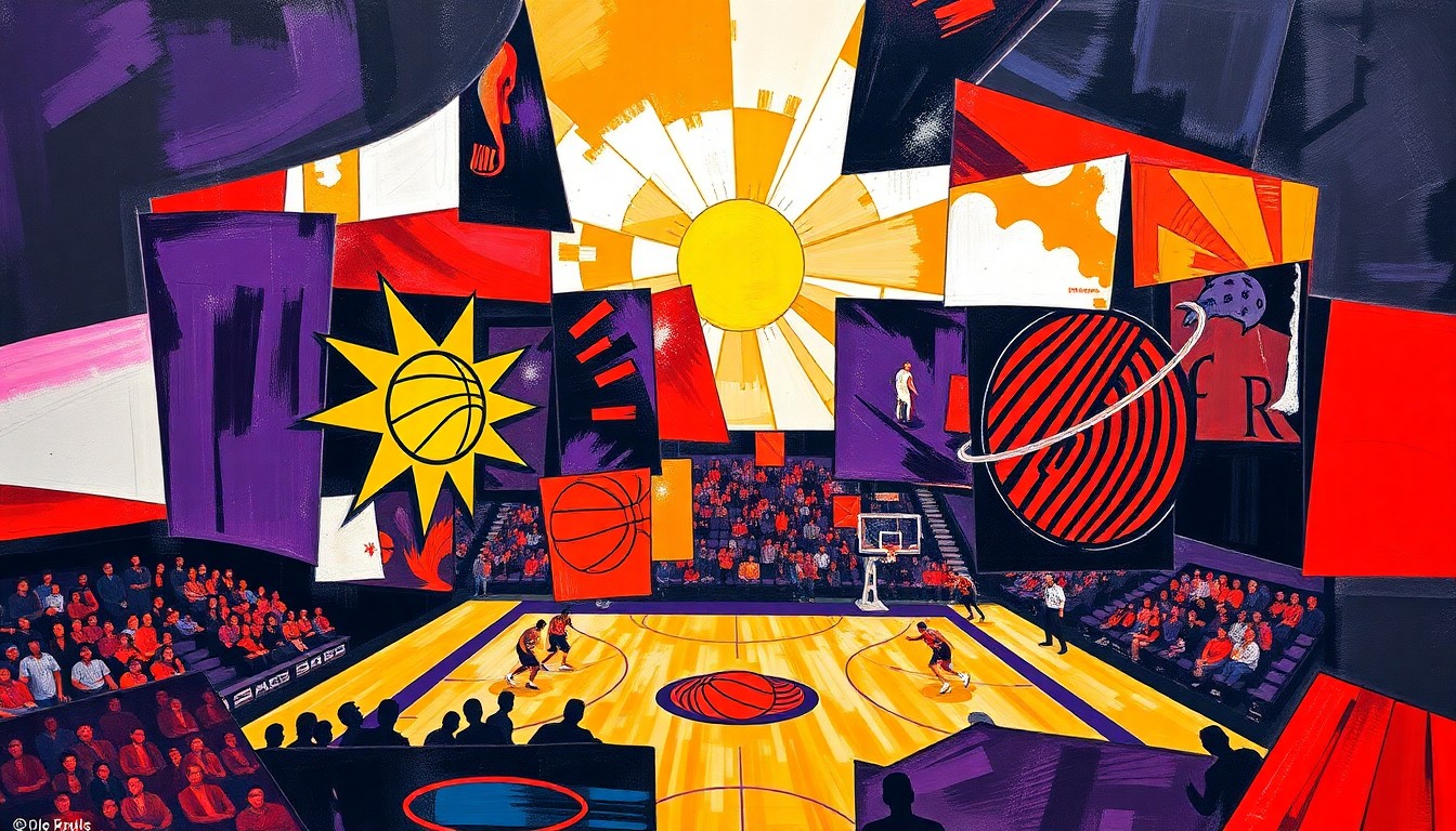 A fractured, multi-perspective painting in the style of Pablo Picasso, breaking a basketball game down into sharp, overlapping geometric planes of vibrant purple, orange, red, and black, representing the play-in tournament clash between the Phoenix Suns and Portland Trail Blazers.