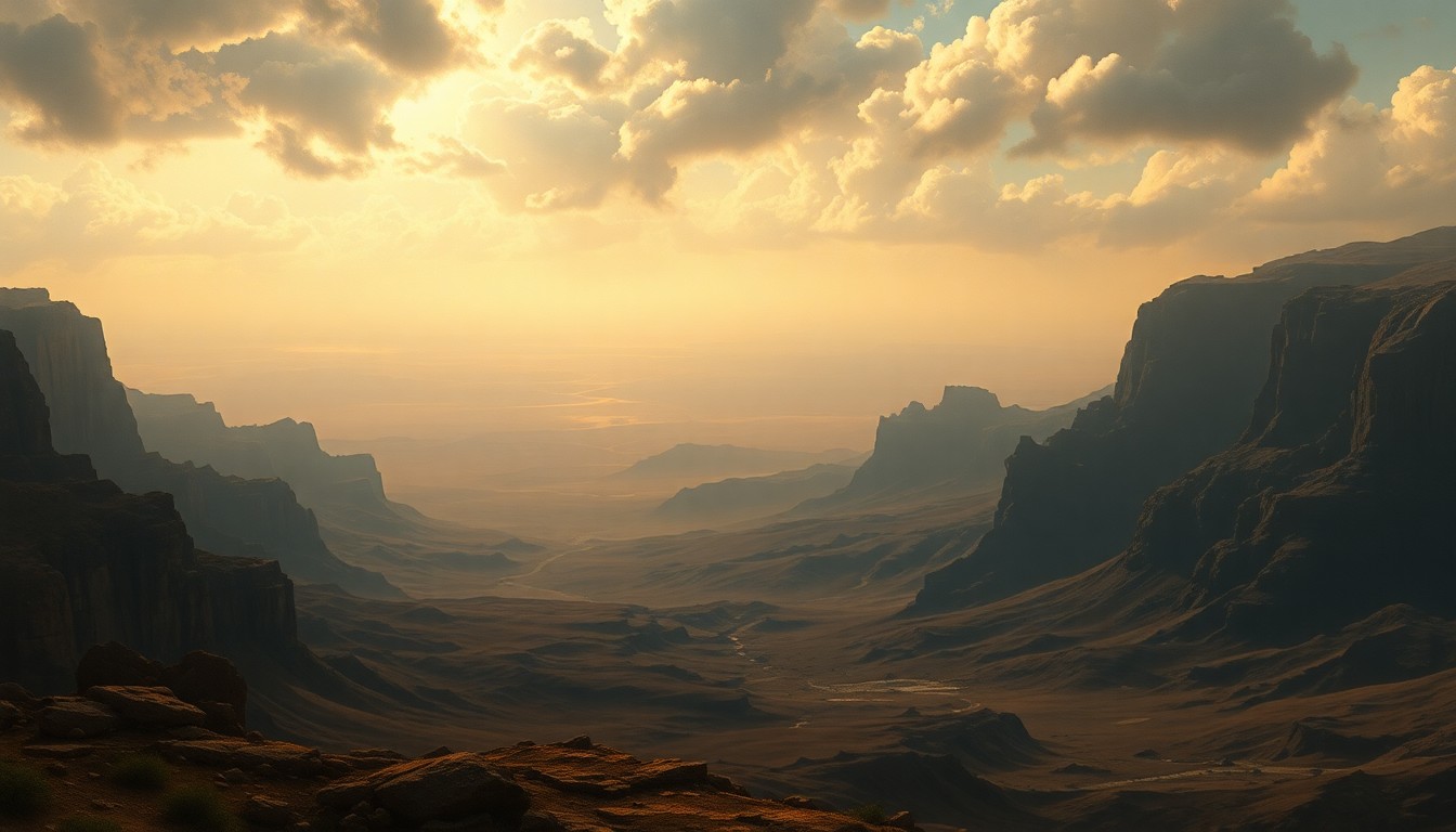 A vast, atmospheric landscape painting depicting a hazy, shimmering horizon under intense sunlight, with the scale of the natural environment dwarfing any visible structures or objects.