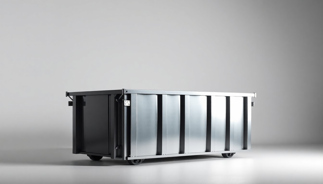 A high-end, photorealistic studio still-life photograph featuring a polished metal roll-off dumpster container in the foreground, set against a clean, monochromatic seamless background with dramatic lighting and shadows, conceptually representing the reliability and premium service of a local dumpster rental company.